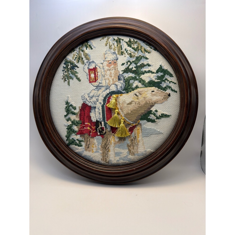 Vintage Needlepoint Santa Riding Polar Bear Framed Wall Art Christmas Decor 12"